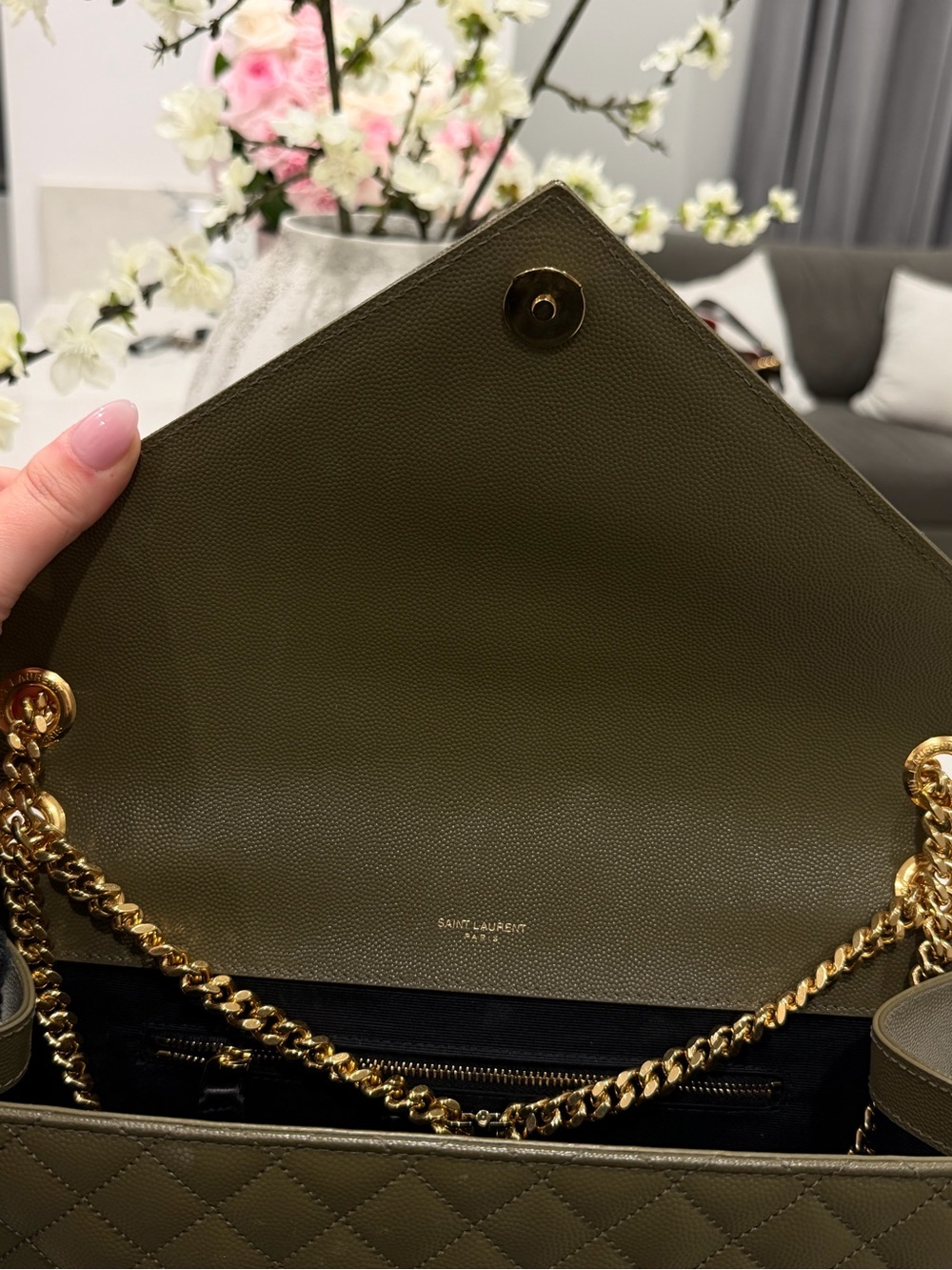 Saint Laurent Quilted Olive Green Envelope Shoulder Bag with Gold Hardware - Picture 8 of 14